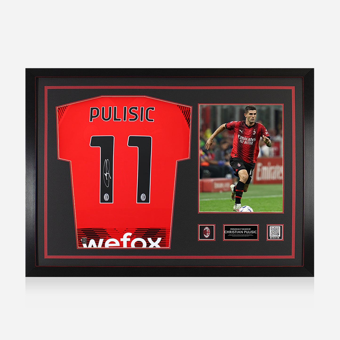 PULISIC AC MILAN SIGNED AND FRAMED HOME JERSEY WITH PHOTO