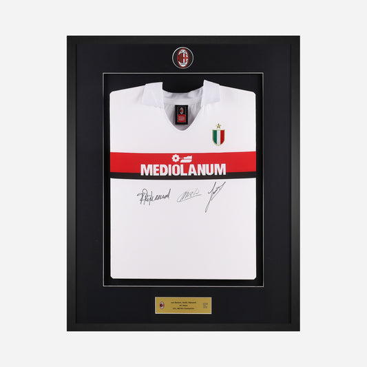 VAN BASTEN, GULLIT E RIJKAARD AC MILAN SIGNED AND FRAMED AWAY JERSEY 1988/89