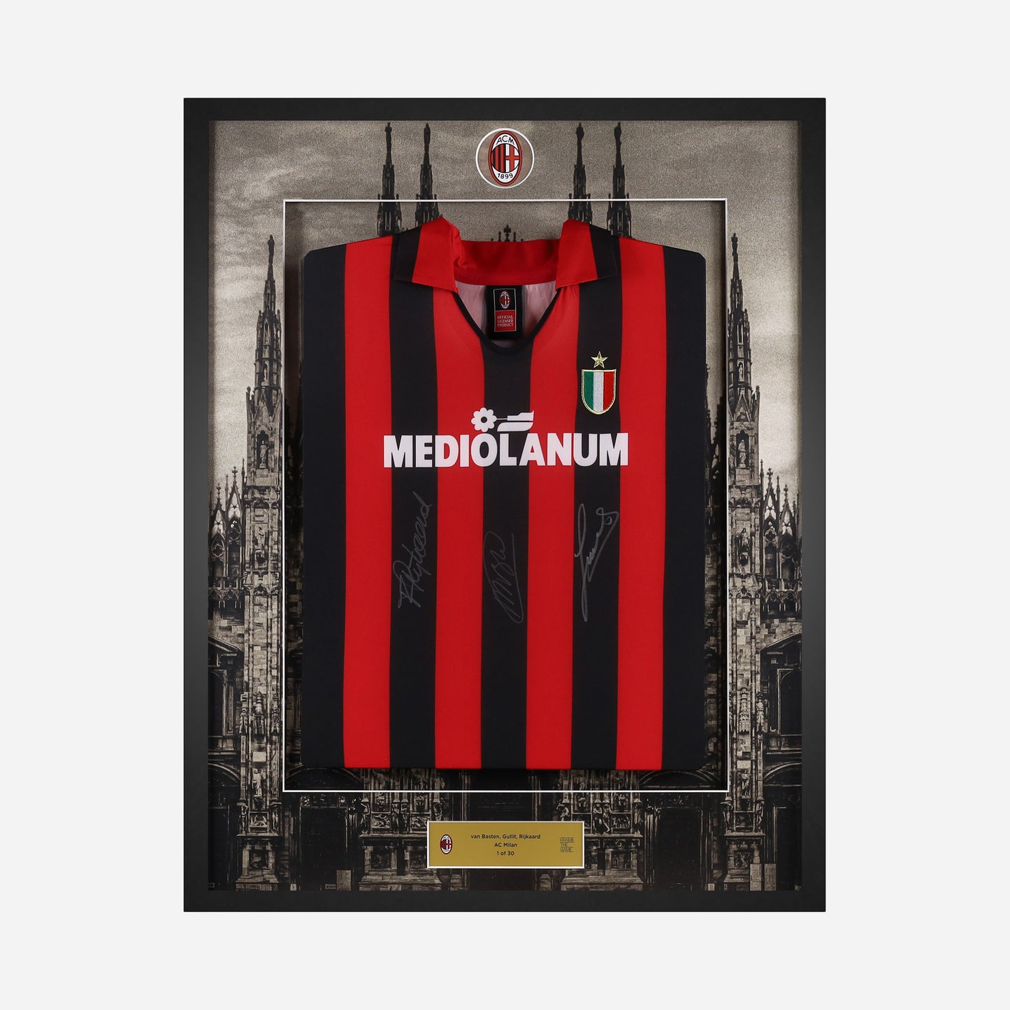 VAN BASTEN, GULLIT E RIJKAARD AC MILAN SIGNED AND FRAMED HOME JERSEY 1988/89