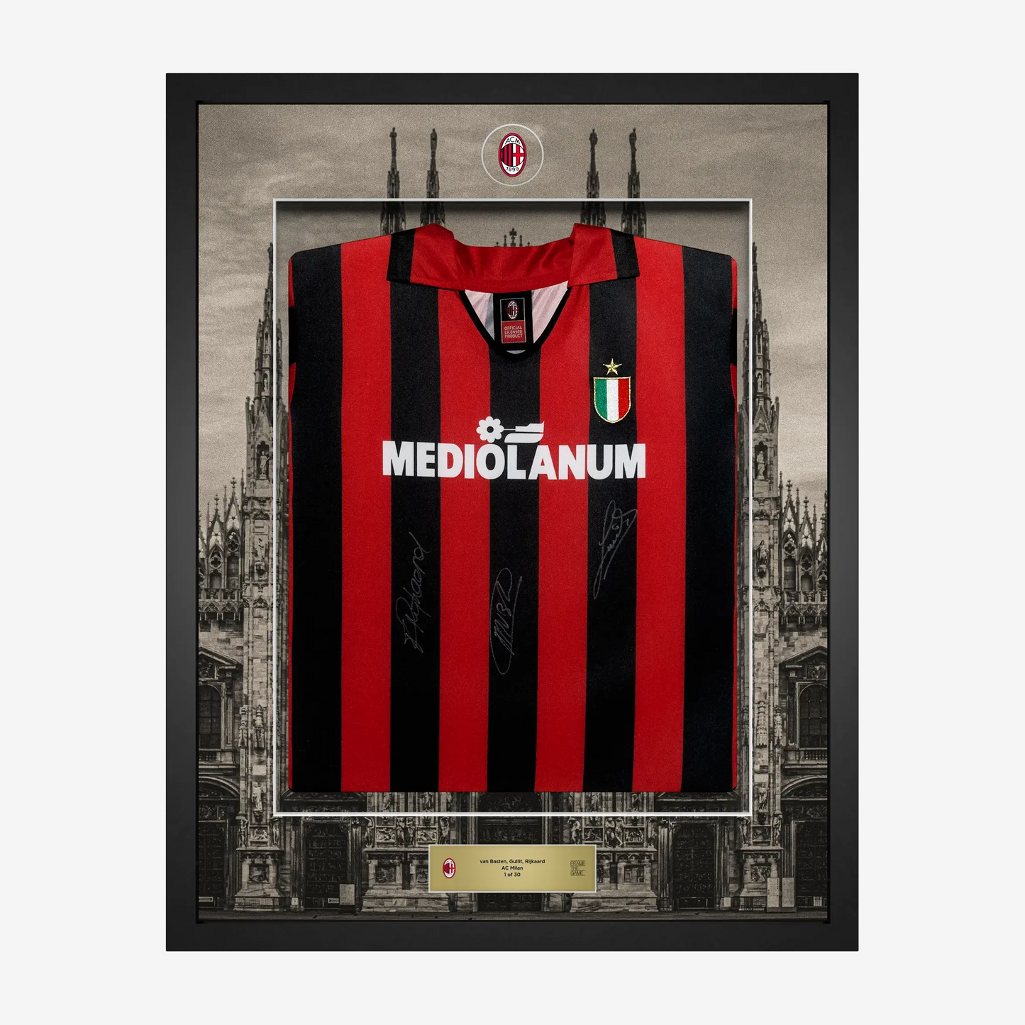 VAN BASTEN, GULLIT E RIJKAARD AC MILAN SIGNED AND FRAMED HOME JERSEY 1988/89