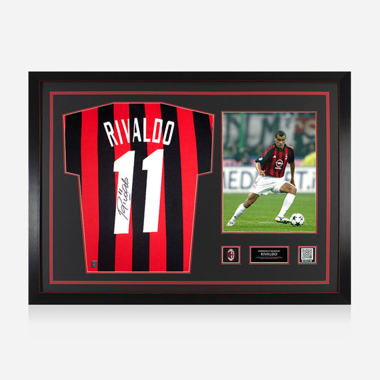 RIVALDO AC MILAN SIGNED AND FRAMED HOME JERSEY WITH PHOTO