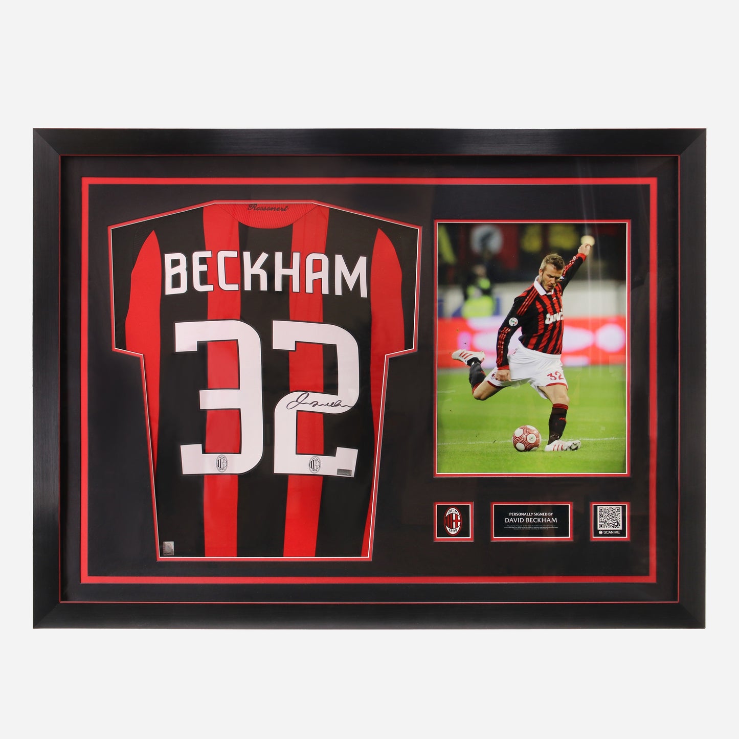 BECKHAM AC MILAN BACK SIGNED AND FRAMED HOME JERSEY 2008-09